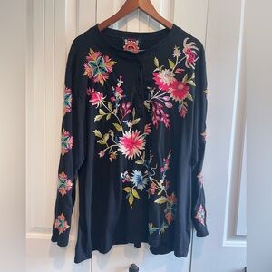 Johnny Was Black Top with Colorful Floral Embroidery